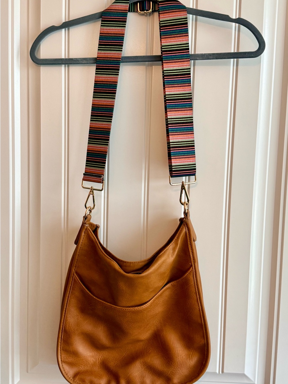 Ah-dorned Vegan Leather Hobo Bag with Striped Guitar Strap